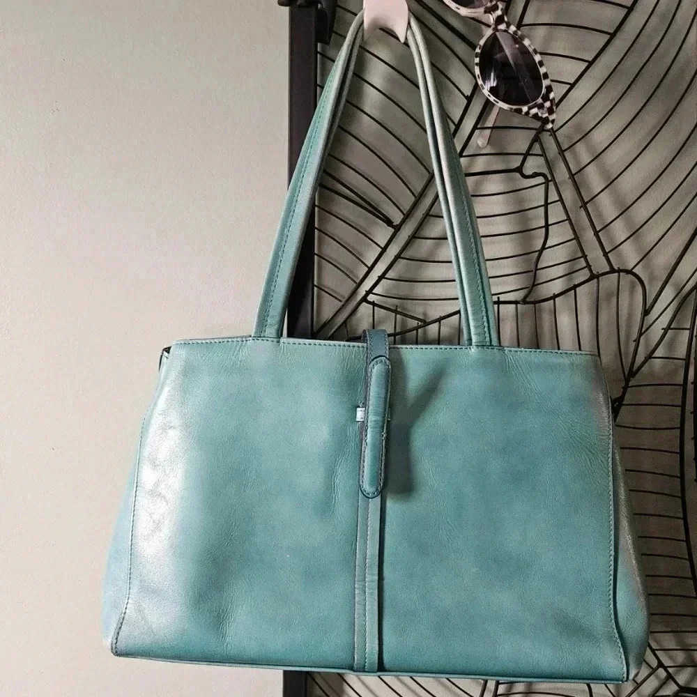 Aqua Vegan Leather  Tote Shoulder Bag with Lots of Pockets - Medium Size